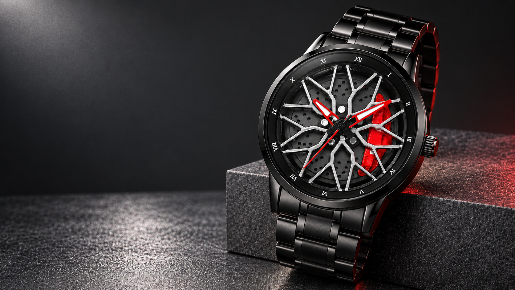 The Revora M on a dark stone plinth with its split-spoke dial and signature red details