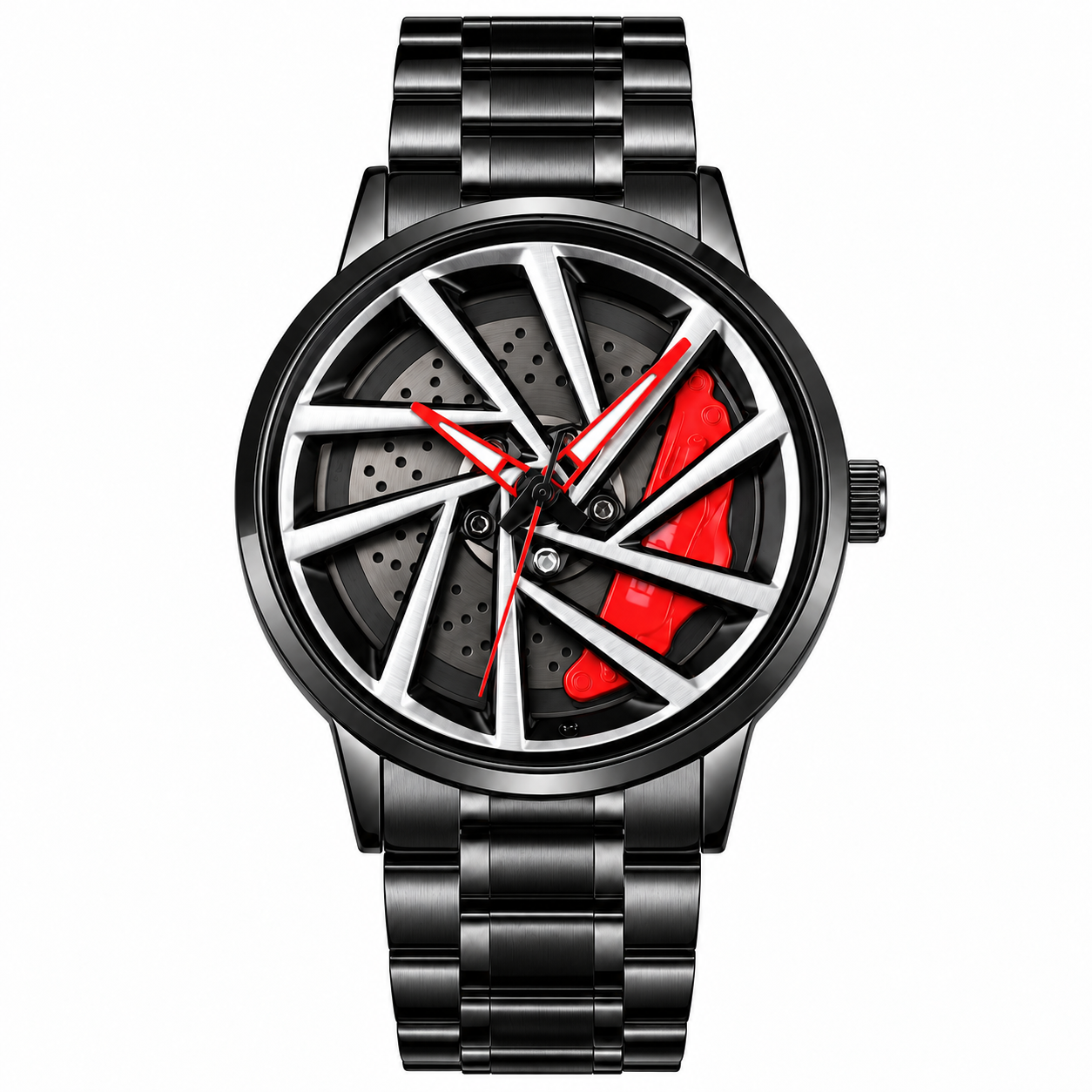 Close detail of the Revora Turbine's angular silver spokes and red caliper-inspired dial